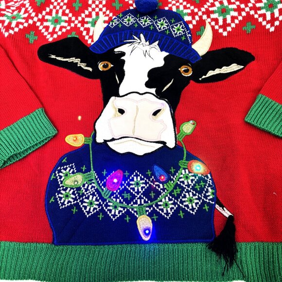 Holiday Time Men's Light Up Cow Ugly Christmas Sweater Large NWT - Picture 3 of 13